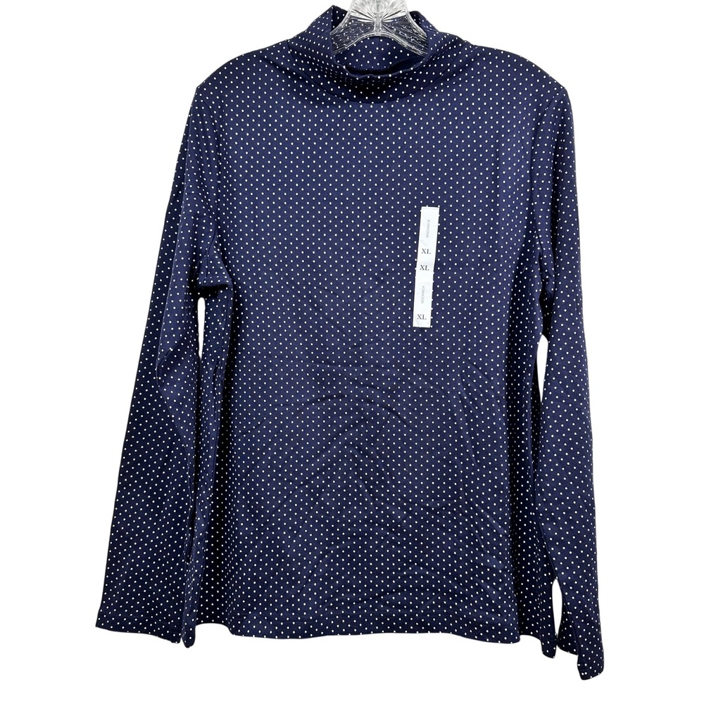 Croft & Barrow Womens XL Navy Blue Polka Dot Cotton Long Sleeve Mockneck Top